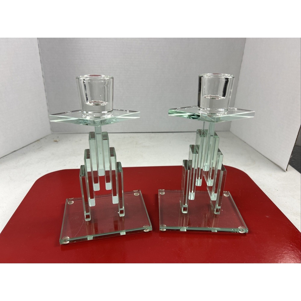 Vintage Green Cut Glass Candle Holders Pair Stacked Crystal MCM Retro 7.5"